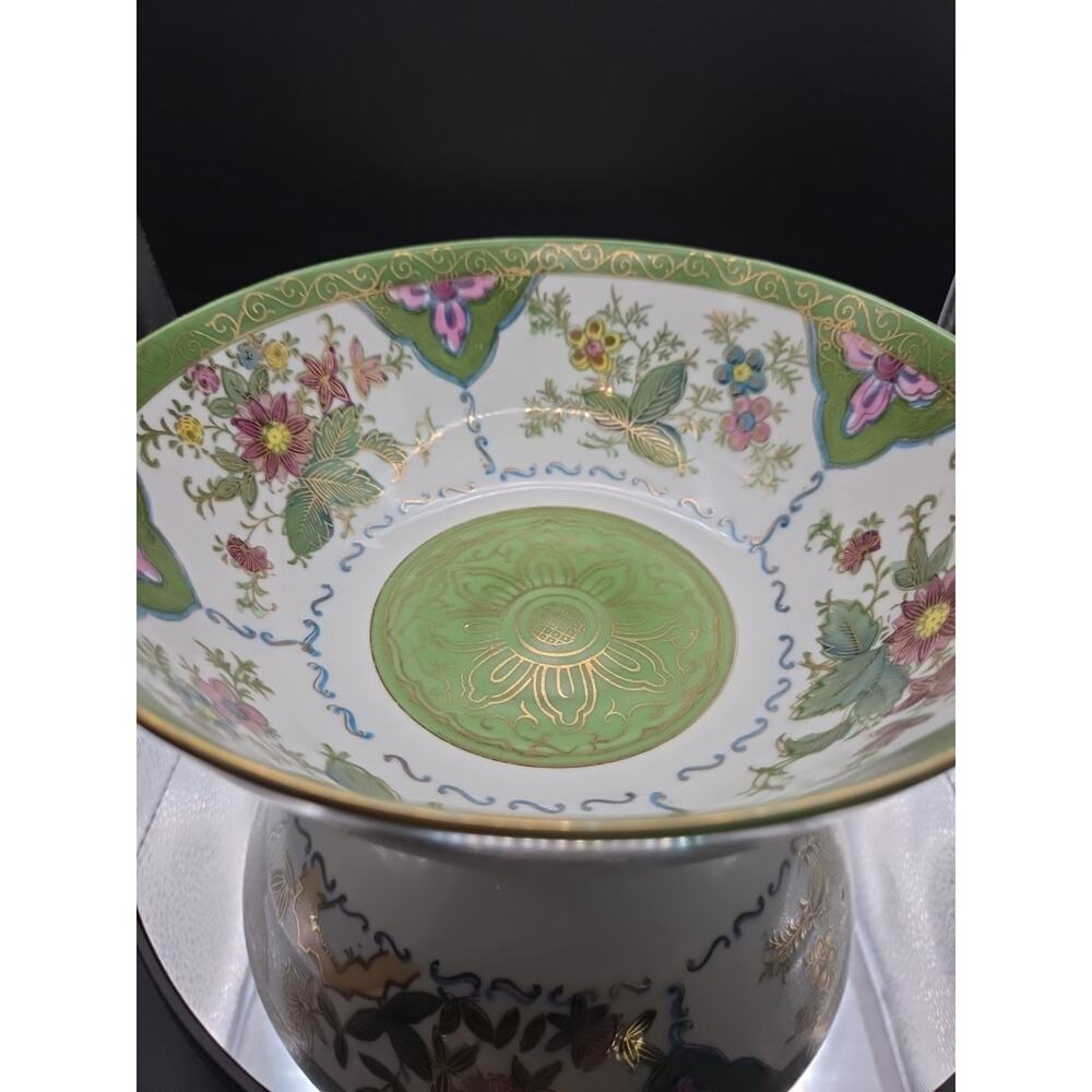 Vintage LJ Porcelain Serving Bowl Japan Green And Gold 8” Round